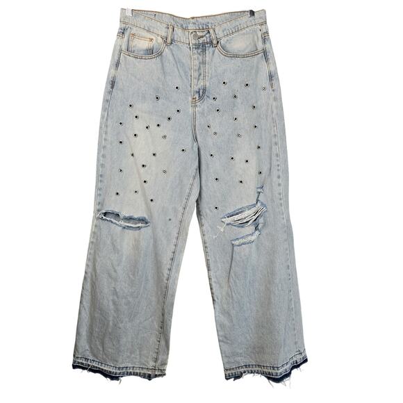 mnml Jeans Womens 33 Light Wash Distressed Grommet Raw Hem Button Fly Wide Leg - Picture 1 of 11